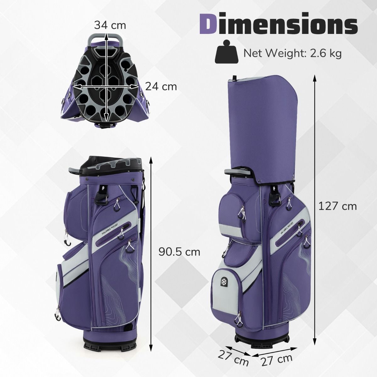 Coast Golfwagen-Tasche – 14-Fächer-Aufteilung – 11 Staufächer – Lila