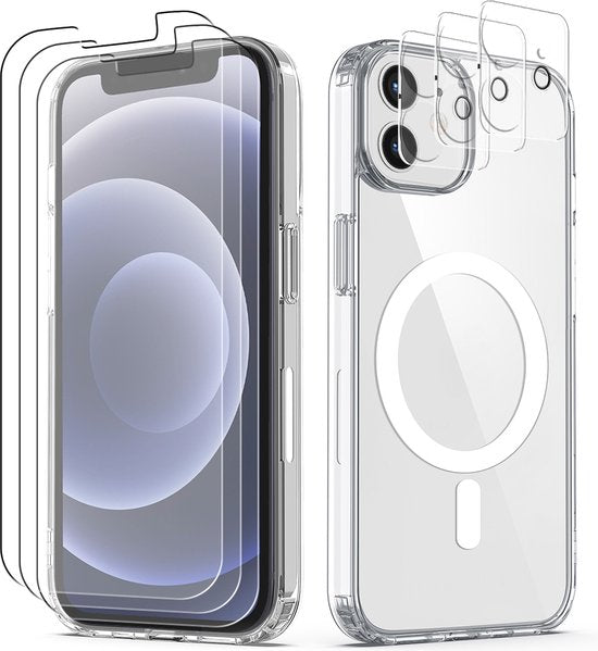 Podec Magsafe-Hülle, passend für das iPhone 12 Mini – mit 3x Displayschutzfolie + 3x Kameraschutz – magnetisch mit Ring, durchsichtig – transparente Handyhülle