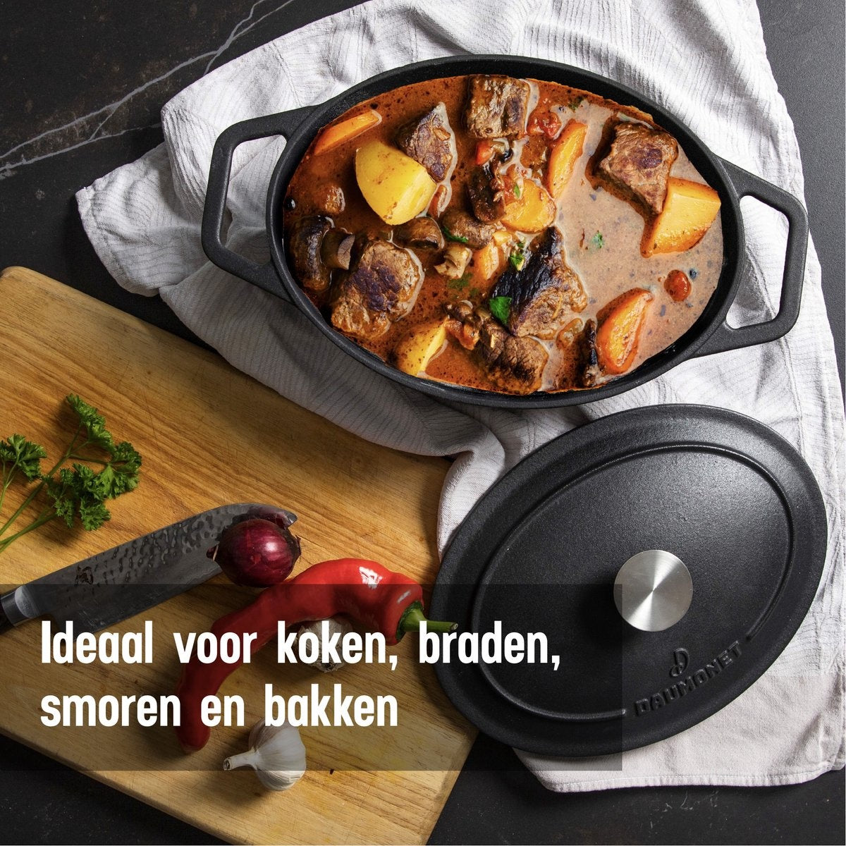 Daumonet Bocuse Noir gietijzeren braadpan - sudderpan Zwart - Ovaal - ÃƒËœ 29 cm - 3 liter - 100% PFAS & PFOA vrij - Emaille - Geschikt voor alle warmtebronnen - Elektrisch - Gas - Halogeen - Inductie - Keramisch - Vaatwasserbestendig - DAU-CIC-BLACK-29