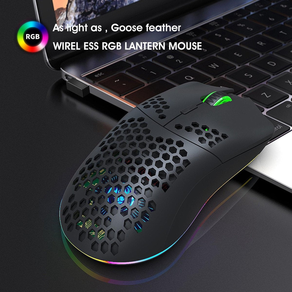 HXSJ T66 2.4G Wireless Gaming Maus - Ultraleicht - RGB Beleuchtung - Schwarz
