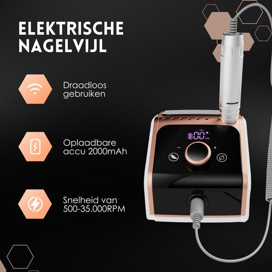 Beeperfect® Elektrische Nagelfeile Ultimate Edition - Nagelfräse - Maniküre- und Pediküre-Set - Kabellos - Inklusive 25 Bits 100 Schleifrollen und 5 Zubehörteile - Mit Fußpedal - 35000RPM