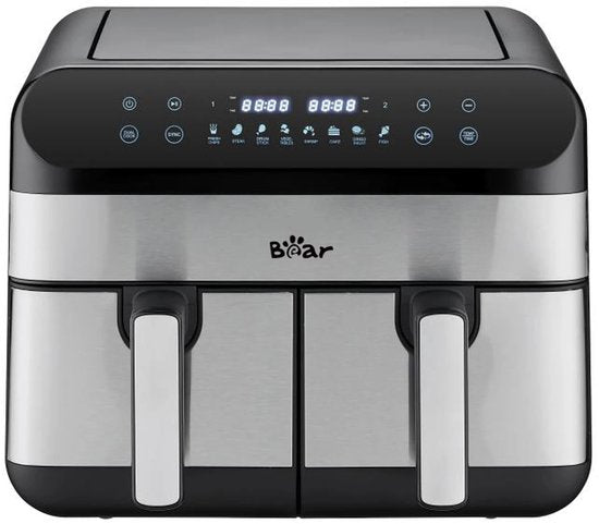 Bear Doppel-Heißluftfritteuse – 9 l Heißluftfritteuse mit 2 Körben – 2400 W – Unabhängige Temperaturregelung & 8 Programme – Digitalanzeige – QZG-F24F1