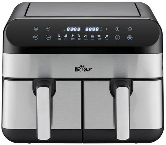 Bear Doppel-Heißluftfritteuse – 9 l Heißluftfritteuse mit 2 Körben – 2400 W – Unabhängige Temperaturregelung & 8 Programme – Digitalanzeige – QZG-F24F1
