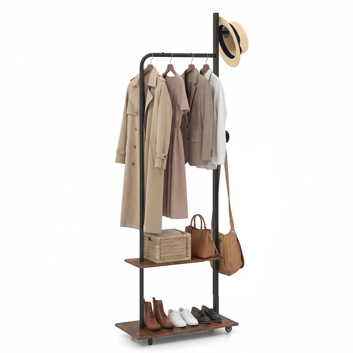 Coast Kleiderständer mit Kleiderstange – 2 Haken und 2 Ablagebretter – Metallgestell – 60 x 30 x 175 cm – Braun