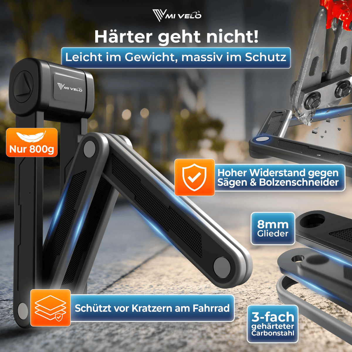 MIVELO Faltschloss mit Schlüssel – 85 cm – Schwarz – Kohlenstoffstahl