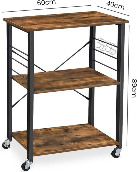 Goliving Küchenwagen - Küchenschrank - Küchenregal - Servierwagen - Küchenorganisator - Modern - 60 x 40 x 89 cm - Braun