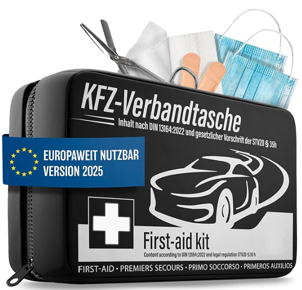 HELDENWERK - Auto-Verbandstasche & Verbandskasten - DIN 13164:2022 Standard - Kompakt - Schwarzes wasserabweisendes Nylon - Inklusive Masken & Rettungsdecke - Für Auto, Motorrad & LKW - Vorgeschrieben in Europa