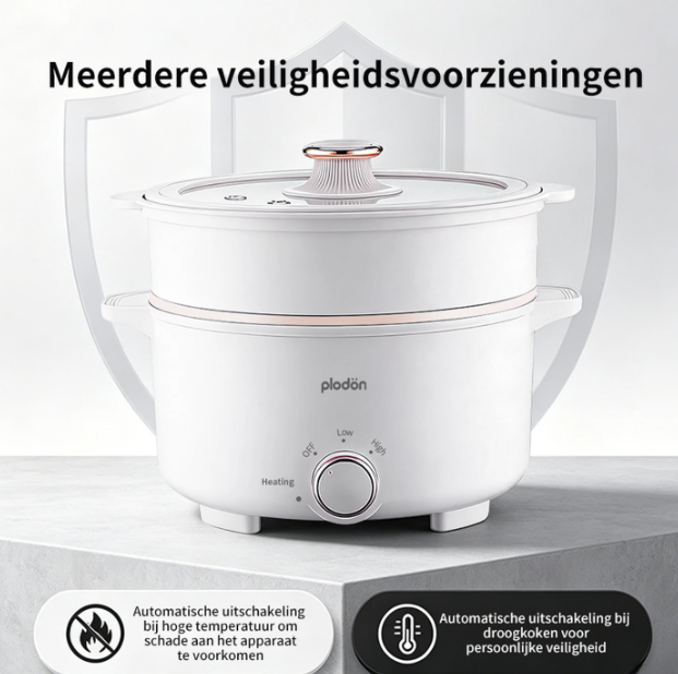 Plodon Elektrischer Hotpot 2,4 l – Antihaftbeschichtung – 27 x 22 cm – Mit Dampfkorb