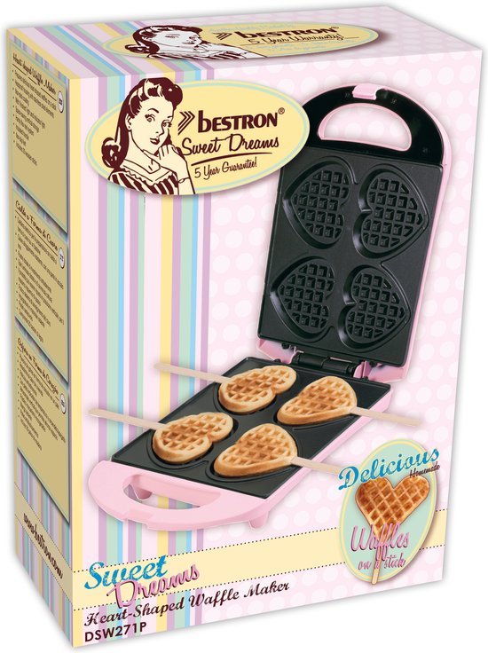 Bestron Waffeleisen – DSW271P – 1400 W – 4 Mini-Waffeln in Herzform – inkl. 20 Holzstäbchen – Rosa