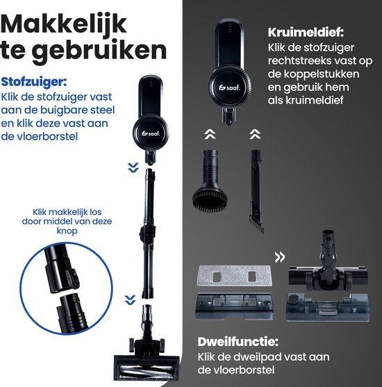 Saaf - G80 Stabstaubsauger - mit Wischfunktion - biegbarer Stiel - 8-teilig - Kabellos - Schwarz