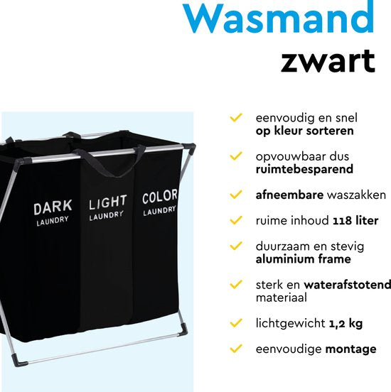 BRASQ Wäschekorb faltbar 3 Fächer - Wäschesortierer 65x39x60 cm - Wäschebox Schwarz - 118 Liter - Korb