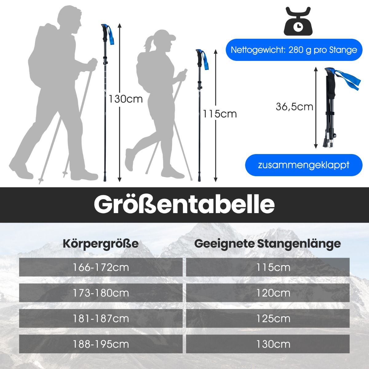 Coast Klappbare Gehstöcke – mit Schnellverschluss – verstellbar von 166 bis 195 cm – blau