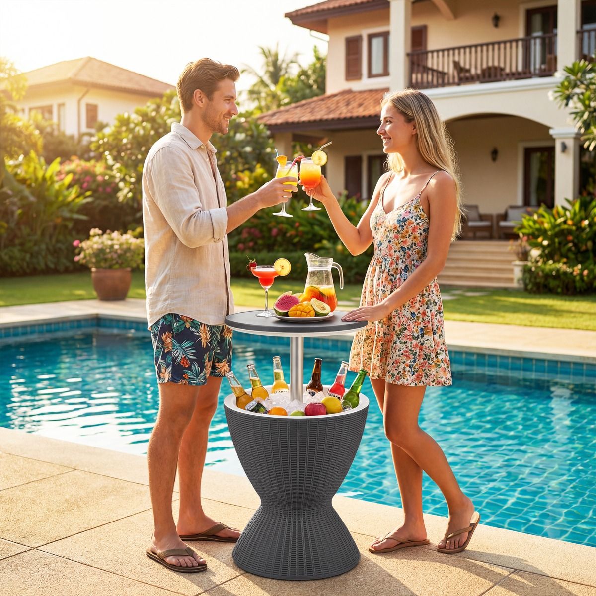 Coast Weinkühler 30 l mit ausziehbarer Tischplatte – verstellbar von 57,5 bis 82 cm – Rattan-Optik – Grau