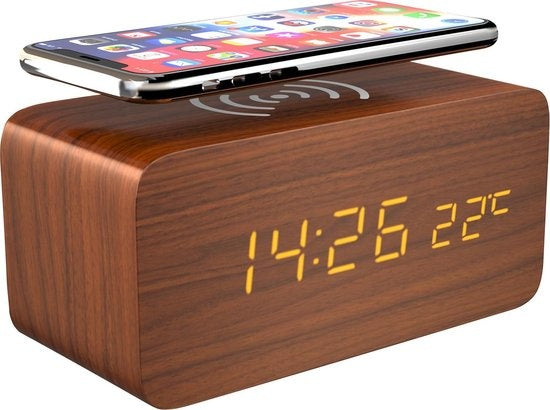 Gadgy Digitaler Wecker mit drahtlosem Ladegerät - Wecker aus Holz - Tischuhr - Wecker mit Temperatur, Datum und Uhrzeit