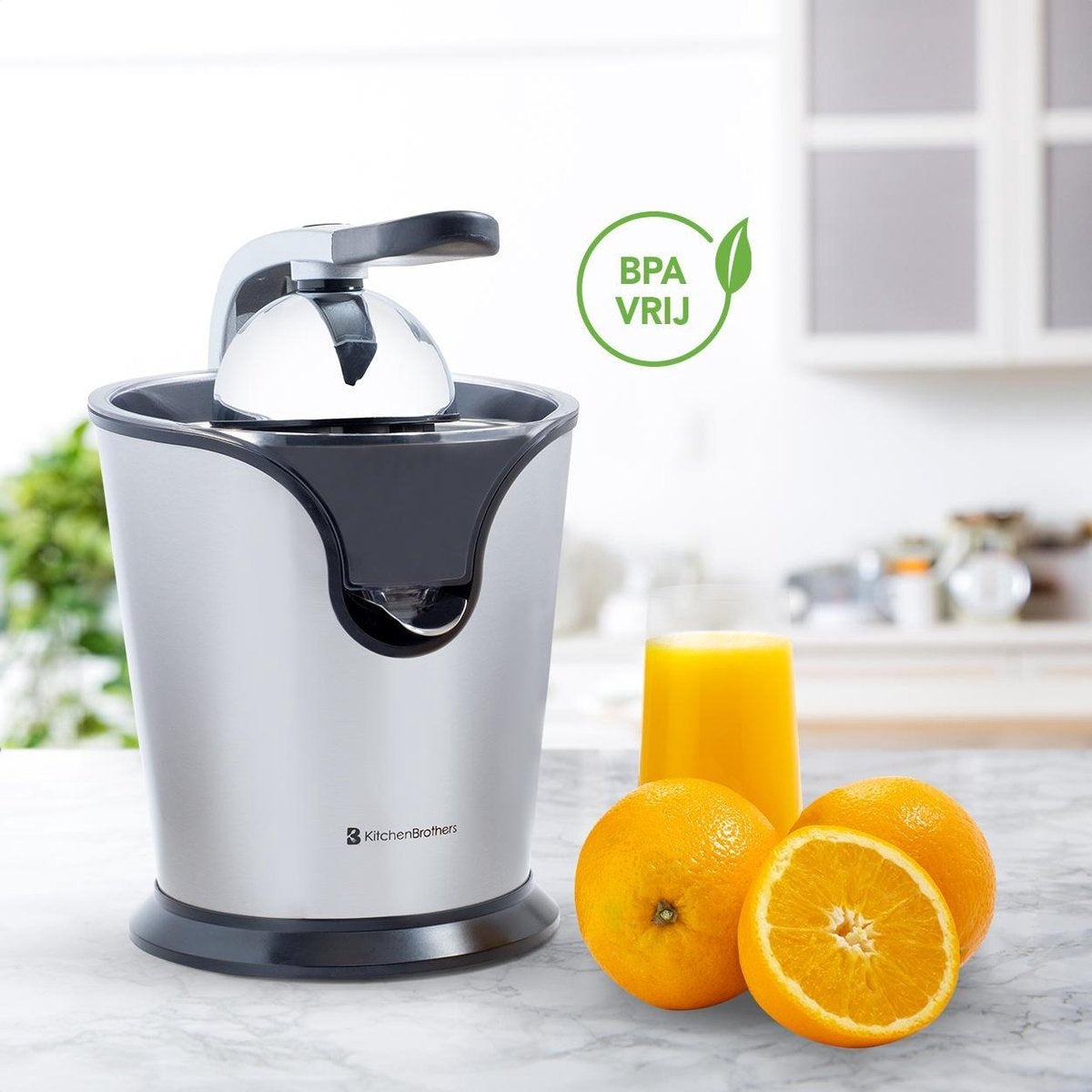 KitchenBrothers Elektrische Zitruspresse - Orangen- und Zitronenpresse - 160W - Edelstahl - Schwarz