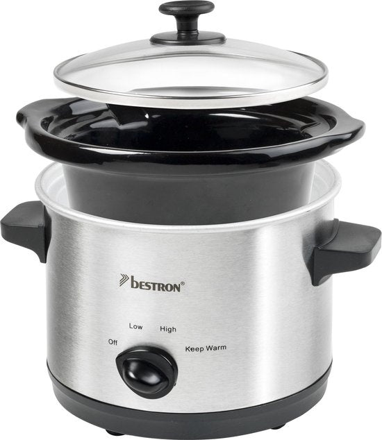 Bestron Slowcooker, mit 3 Programmen, Keramikpfanne & Glasdeckel, für 2 Personen, 1,5L Fassungsvermögen, spülmaschinenfest, 120 Watt, Farbe: silber