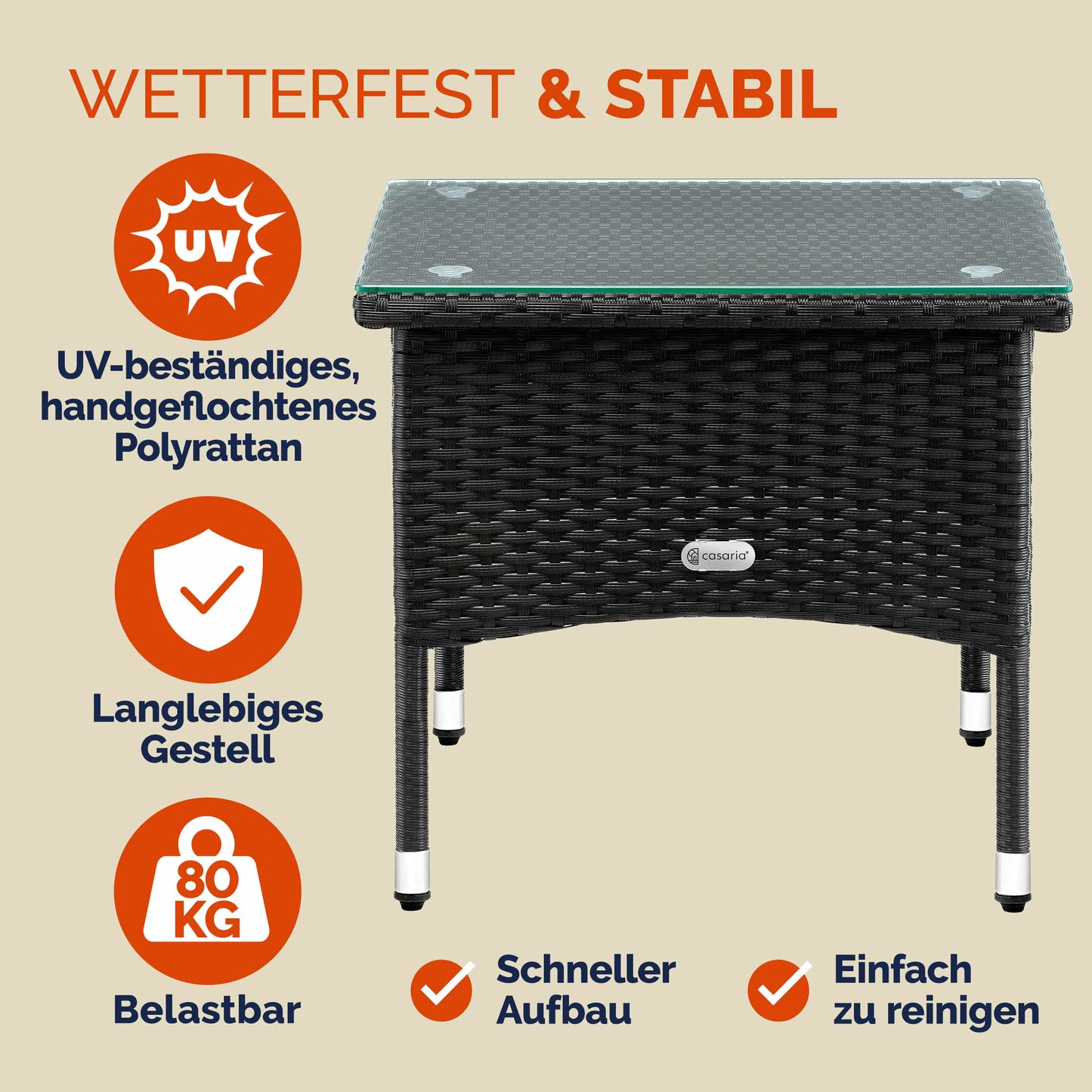 Casaria Beistelltisch aus Polyrotan, schwarz, 50 x 50 x 45 cm