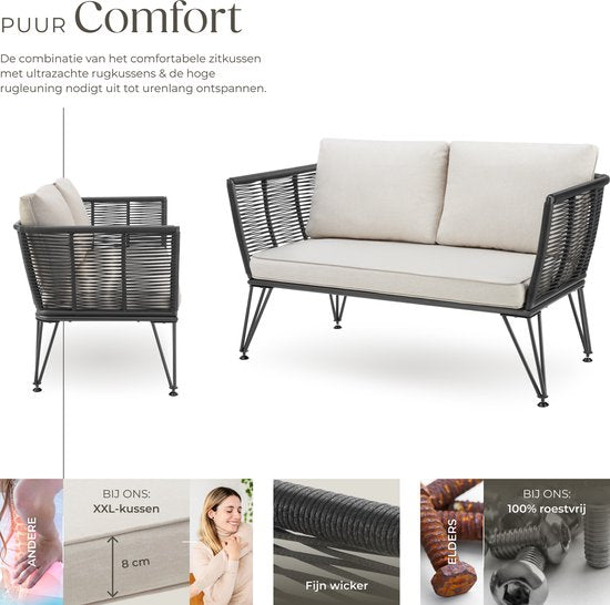 tectake® Wicker Lounge Bank - Kompakte Gartenbank mit dicken Polstern - Ideal für Balkon, Garten oder Terrasse - Stilvolle und bequeme Outdoor-Lounge-Bank - Seil-Design