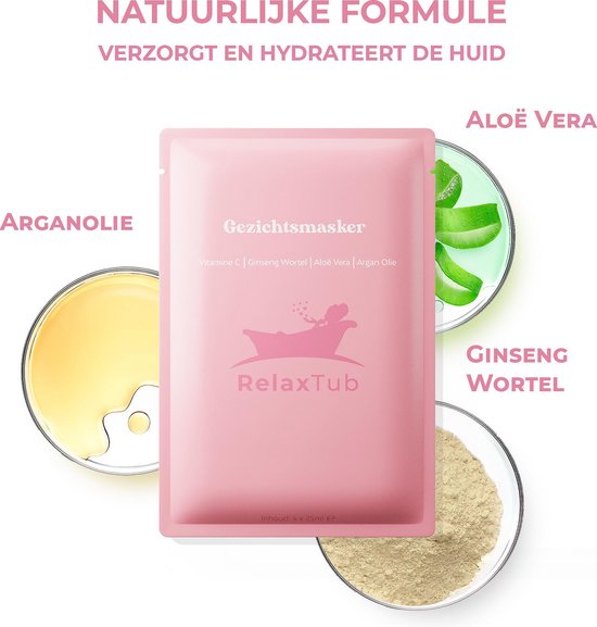 RelaxTub® Gesichtsmaske - 4 Stück - Gesichtsmasken Pflege - Gesichtsmaske Feuchtigkeitspflege - Gesichtspflege Damen - Gesichtsmasken Pflege Mädchen - Enthält Vitamin C, Arganöl, Aloe Vera, Ginsengwurzel - Tierversuchsfrei - 100% natürlich