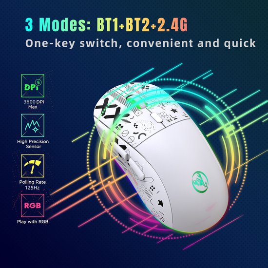 HXSJ T90 2.4G Silent Wireless Gaming Mouse - Bluetooth - Computermäuse - Ultraleicht - RGB-Beleuchtung - Weiß