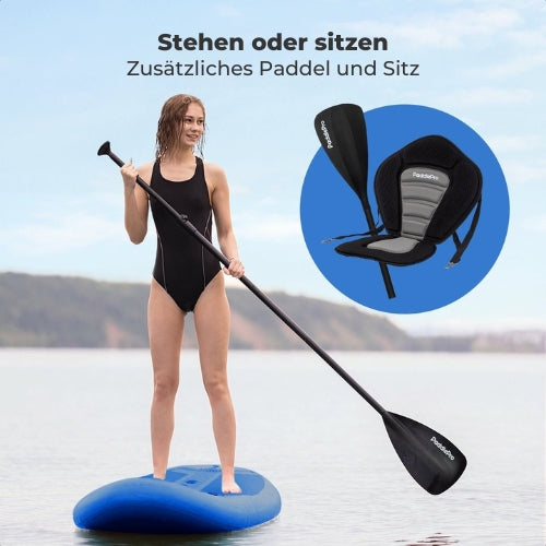 LifeGoods SUP Board - Deluxe Set - mit Sitz - Aufblasbares Paddle Board - Max. 135KG - 320x81cm - Blau