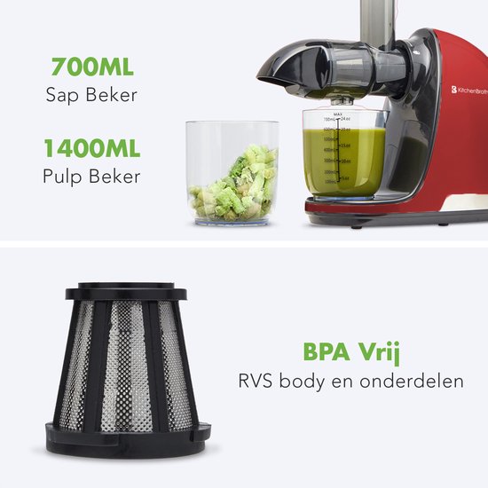 KitchenBrothers Slowjuicer - Entsafter - Gemüse- und Obstpresse - 700ml - mit Fruchtfleischbehälter - Entsafter - Geschenk zum Muttertag - Rot