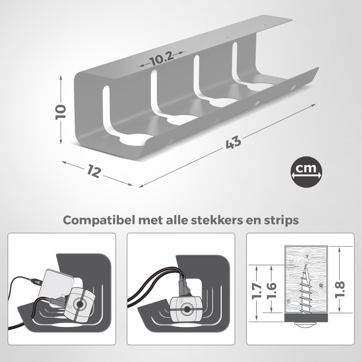 Stilemo Cable Tray Desk 2 Piece - Kabelhalter 43 CM - Kabelorganisator 5 KG Tragfähigkeit - Grau