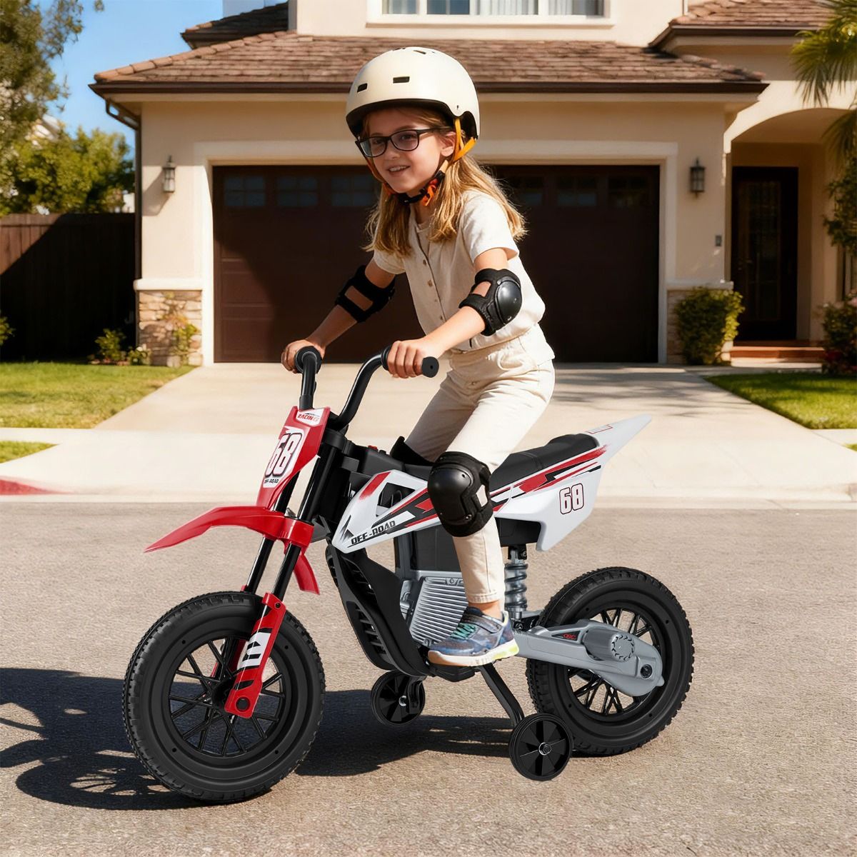 Coast Elektrisches Kinder-Motorrad – Musik und Bluetooth – Stützräder – rot