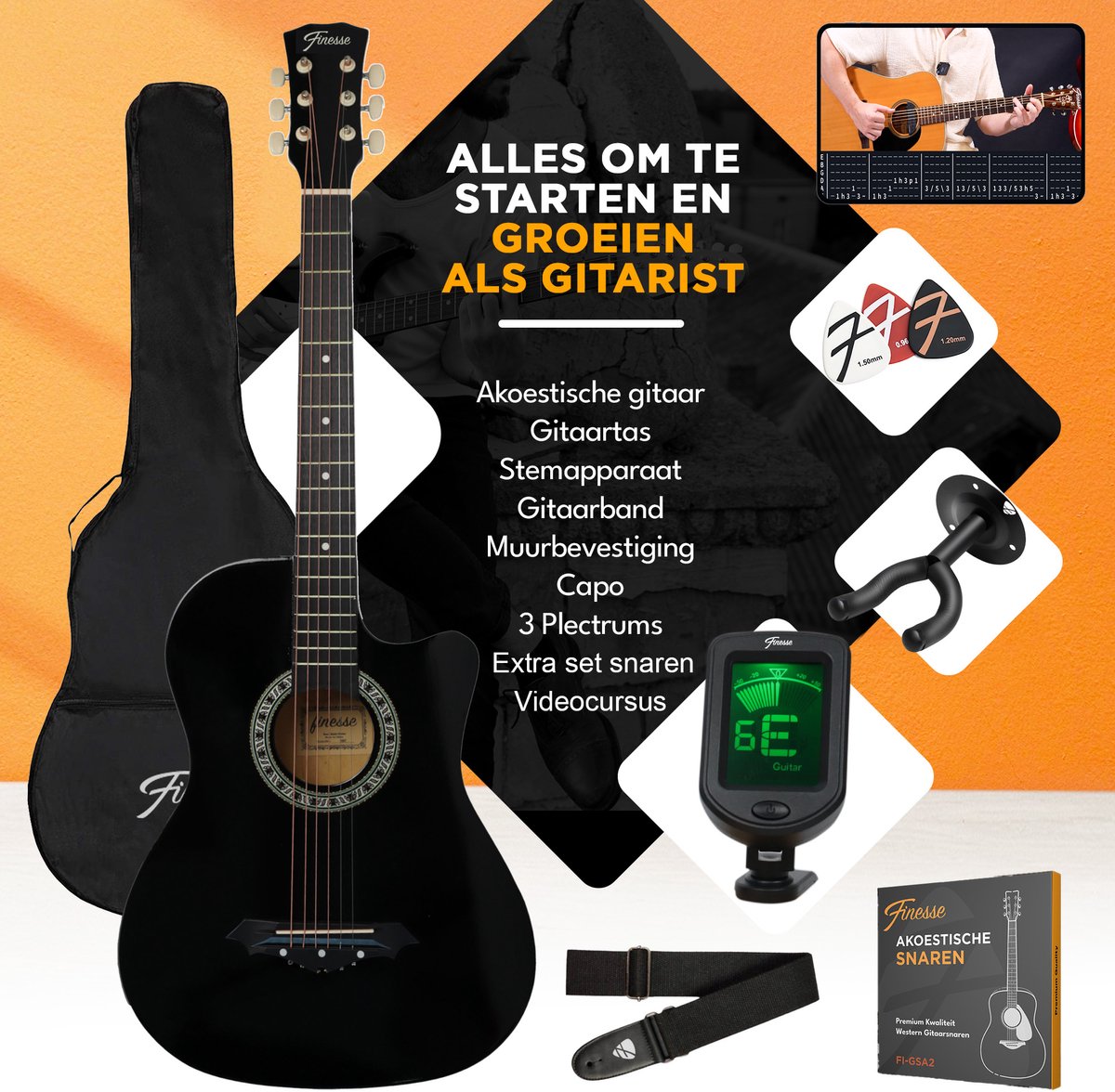 Finesse Akustikgitarren-Einsteigerset – 38 Zoll – Mit Zubehör und Videokurs – Schwarz