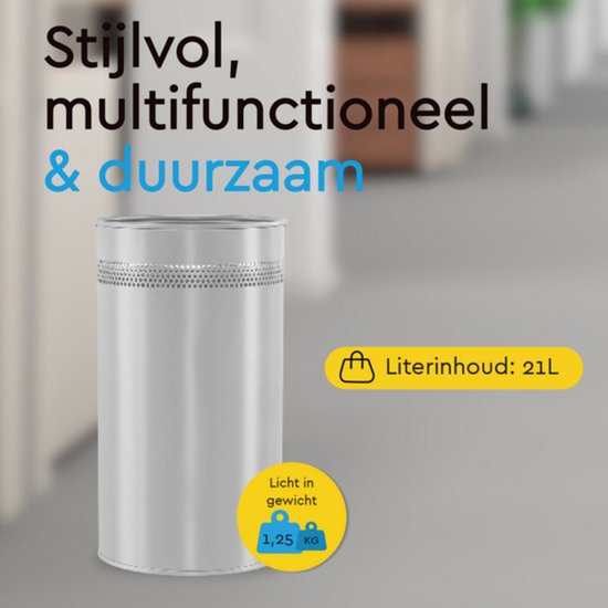 BRASQ Mülleimer Metall Büro/Haushalt - Mülleimer - Abfalleimer - Papierkorb - Rund - Mülleimer - Silber 21 Liter