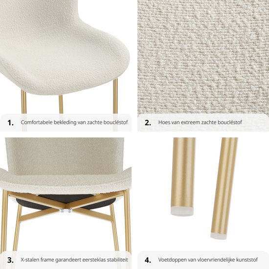 tectake - Polsterstuhl - Bouclé-Schalensitz für die Küche - Sessel für den Frisiertisch - Eleganter Ess- oder Wohnzimmersessel - weiß/gold - Div. Farben