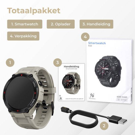 Nuvance - Outdoor Smartwatch - IP67 Wasserdicht - Bluetooth Smartwatch für Frauen und Männer - Smartwatches - Sportuhr mit Schrittzähler, Kalorienzähler, Schlafmesser - Geeignet für alle Smartphones - Grau