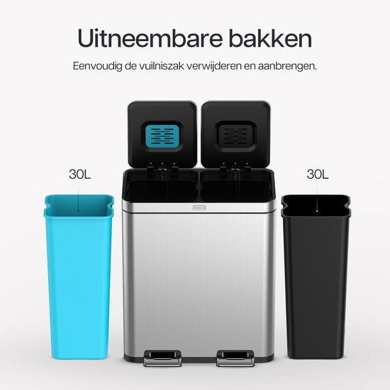 Deleca Recycling-Mülleimer mit 2 Fächern - 60 Liter (2x30) Abfallbehälter - Mülltrennung / Pfandbehälter / Tret-Abfallsammler - Mülleimer mit FreshAura Geruchskontrolle - Slow Close - Edelstahl Silber