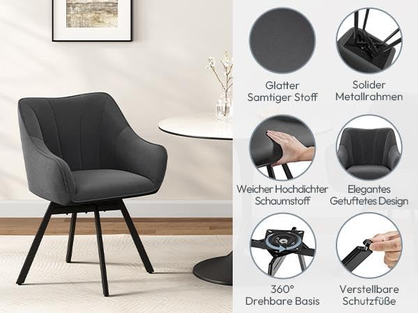 Yaheetech Esszimmerstuhl, um 360° drehbar, mit Armlehnen – Samt – 55 x 58,5 x 82 cm – Dunkelgrau