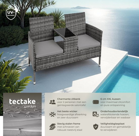 tectake - Geflecht-Gartenbank mit Tisch, 2-Sitzer-Bank, 131 x 61 x 82 cm, Bank für Gartenbalkon und Terrasse, Gartenbank inklusive Sitzkissen - grau/hellgrau - Poly-Rattan
