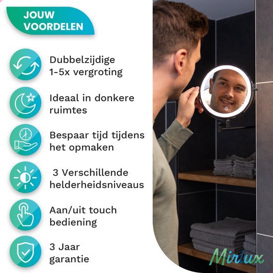 Make-up-Spiegel mit Led-Beleuchtung - 5X Vergrößerung - Wandspiegel rund - Rasierspiegel Wandmodell - Badezimmer - Dusche - Schwarz