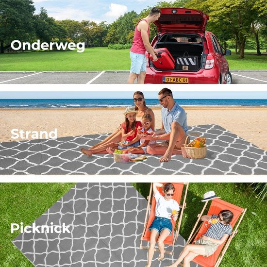 LifeGoods Outdoor-Teppich - 274x350CM - Gartenteppich - Reversibel - Inkl. Tragetasche - Mit Muster - Grau/Weiß