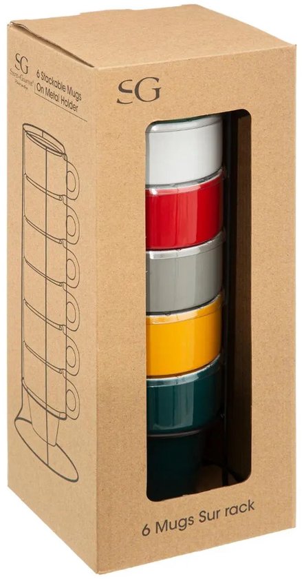 Secret de Gourmet Kaffeetassen/Becher Colorama – 6 Stück im Metallständer – Keramik – glänzende Oberfläche – 260 ml – 8 x 9 cm