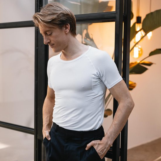 Anti Sweat Shirt - Fibershirts® - Eingenähte Achselpads - Unterhemd - Weiß - Rundhalsausschnitt - Herren - Größe M