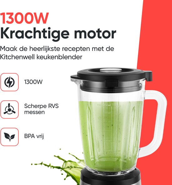 Kitchenwell Mixer - 1300 Watt - Smoothie Mixer - Mit To-Go Cup - 1,75 Liter - Glaskrug - 3 Ständer - Edelstahl - Grau