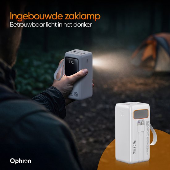 Ophion® Powerbank PRO 50.000 mAh – 7 Ladeanschlüsse – Quick Charge – Schnellladegerät mit 22,5 W für USB-C, USB-A, Micro-USB – inklusive Kabel – Notfall-Set – Weiß
