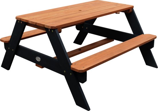 AXI Nick Picknicktisch Anthrazit/Braun – Sonnenschirm Blau/Weiß – Picknicktisch für Kinder aus FSC-Holz
