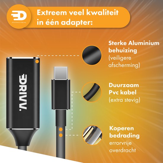 Drivv. USB C zu HDMI Adapter - Unterstützt 4K 30Hz - Konverter - Typ C zu HDMI - Thunderbolt 3 - Schwarz