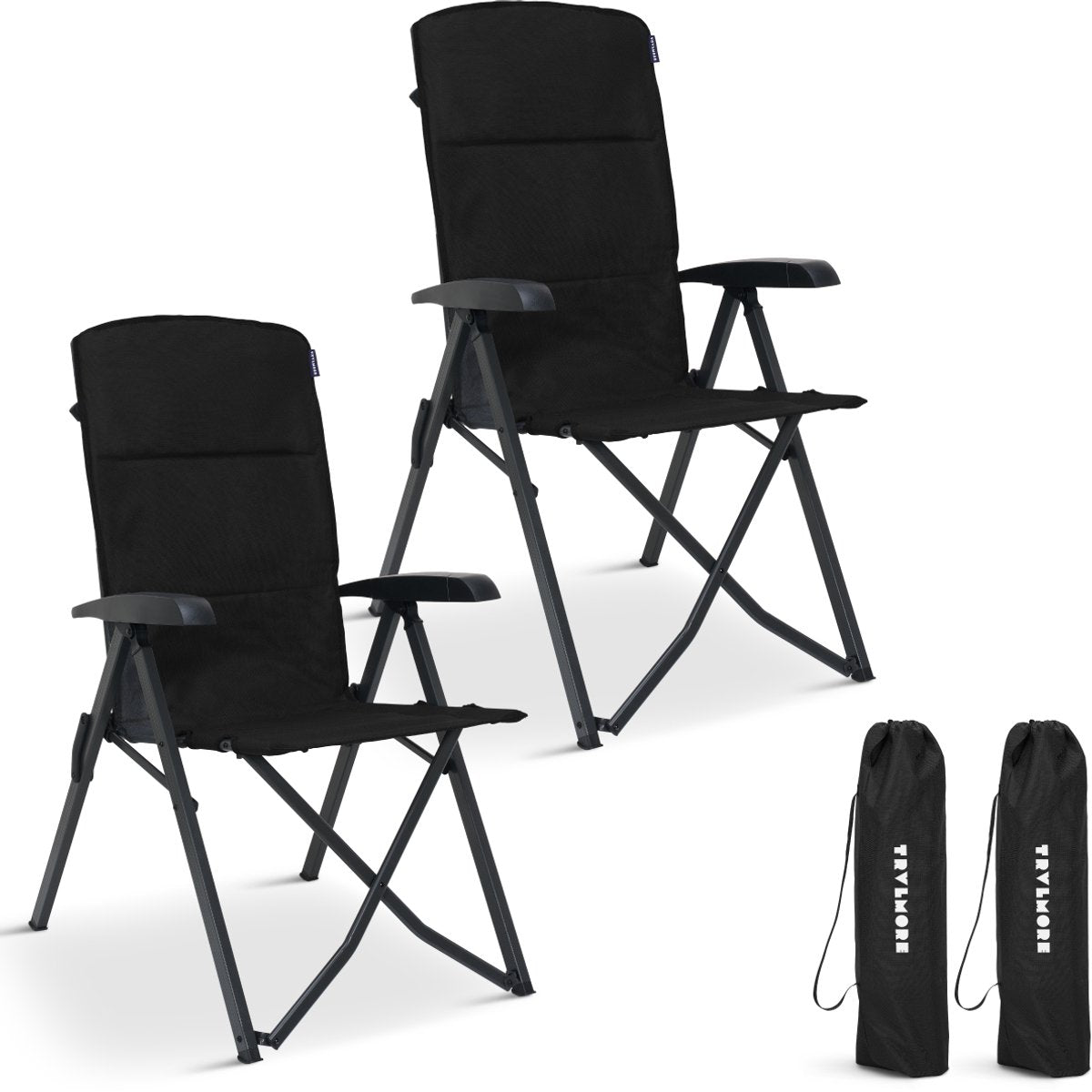 TRVLMORE Luxus Campingstühle 2er Set - faltbar - 150KG Tragkraft - verstellbare Rückenlehne - inklusive Tragetasche - Schwarz