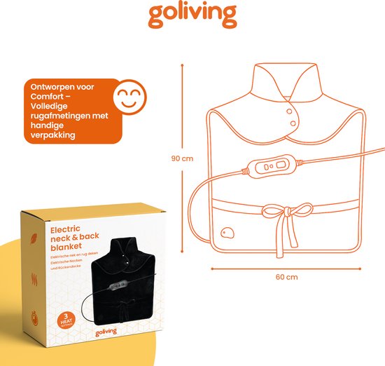 Goliving Heizdecke für Rücken und Nacken - Elektrische Heizdecke - 3 Wärmestufen - Timerfunktion - Maschinenwaschbar - 100 W - 60 x 90 cm - Mikroplüsch - Schwarz