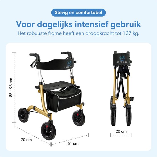 Safe Life® Rollator - Leicht und faltbar - Sitzfunktion - Für drinnen und draußen - Rückenlehne und Gehstockhalter - Gold