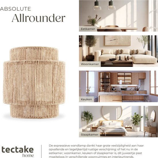 tectake® Wandleuchte Lignea Lux - 40W - 12 x 23 x 25,5 cm - E14 - Wandleuchte für Wohnzimmer, Schlafzimmer, Esszimmer - Boho Style Burlap Lamp - Treppenhausbeleuchtung - halbrund