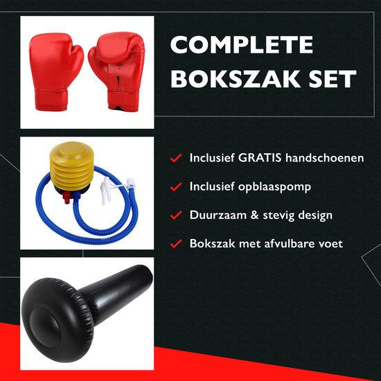 Zoluko Aufblasbarer Boxsack am Fuß - Inkl. Boxhandschuhe, Fußpumpe und E-Book - Indoor und Outdoor - Für Erwachsene und Kinder - Boxsack stehend - Boxsack am Fuß - Boxball am Stand - Boxset Kinder - Boxstange - Boxtrainer - Schwarz