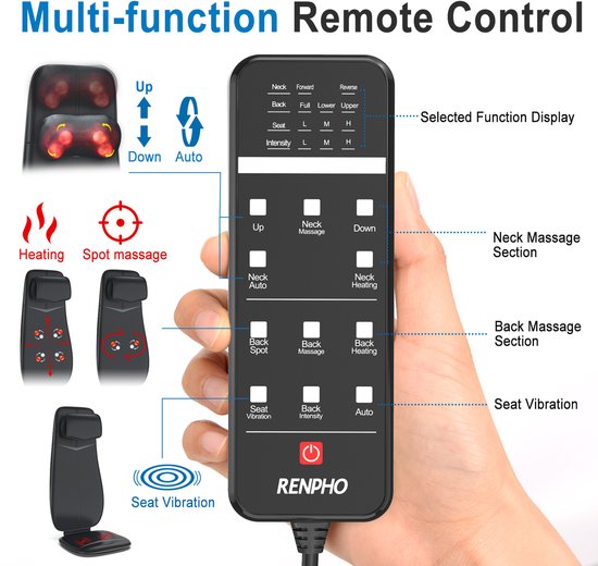 RENPHO Shiatsu-Massagekissen - Vollständige Rücken- und Nackenmassage - Mit Wärme und Vibration - Einstellbare Zonen und Intensität - Automatische Höhenerkennung - Geeignet für jeden Stuhl - Ideal für zu Hause oder im Büro