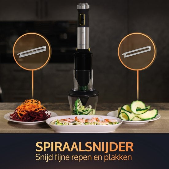 JAP Appliances ForceBlend F3 - 7in1 Stabmixer-Set (1500W) - Inklusive Küchenmaschine, Messbecher, Spiralschneider, Schneebesen und Rührbesen - Für Suppe, Fleisch, Smoothies und Baby-Snacks - Schwarz/RVS